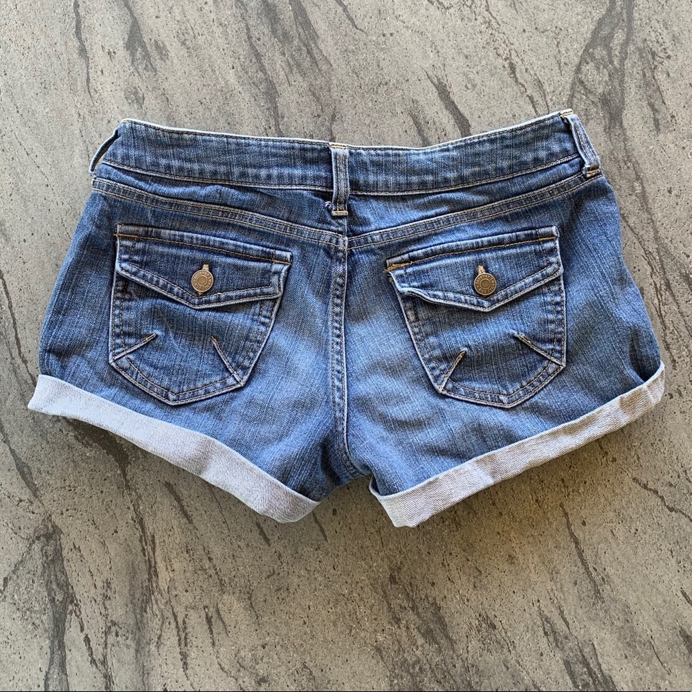 Distressed Cuffed Super Low Rise Waist Jean Shorts - Picture 2 of 4